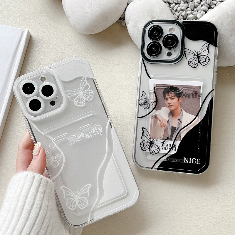 

Funny DIY Photo butterfly Clear Phone Case For iphone 14 Plus 13 12 i11 Pro XS Max XR 7 8 Plus Polaroid Soft Cover Card Pocket