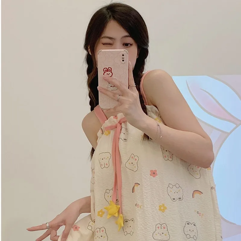 2023 New Pure Desire Wind Girl's Pajamas Loose Sweets Summer Long Length Printing  Lady's Sling Nightwear Nightdress With Bra