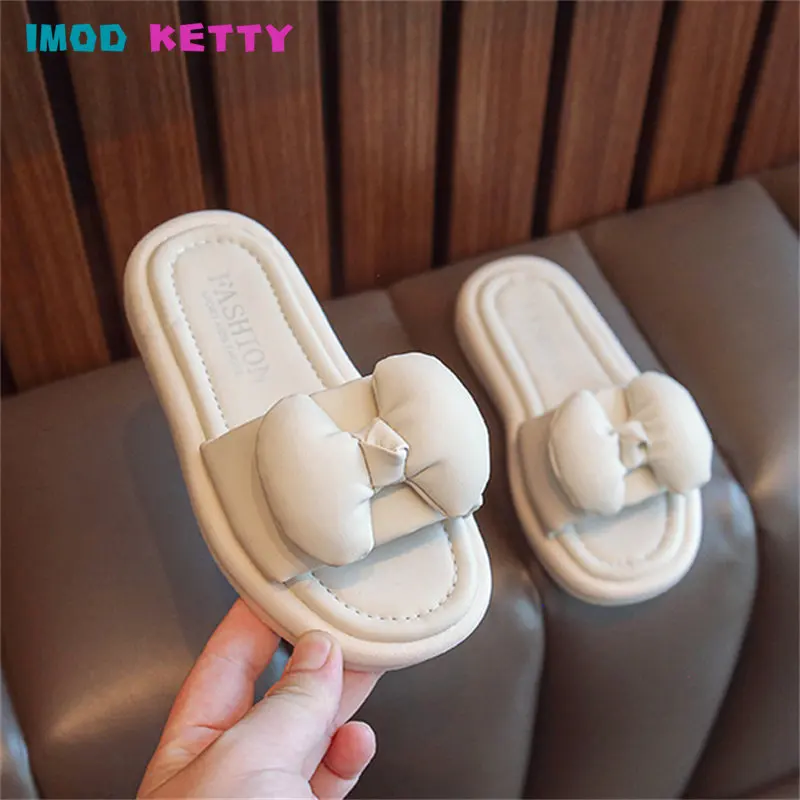 

Simple Personality Solid Color Big Bow Girls Chic Slippers 2023 Summer New Open-toe Versatile Kids Casual Outer wear Soft Botton