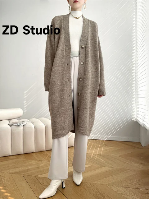 

[ZD Studio] Gray Size Knitting Cardigan Sweater Loose Fit V-Neck Long Sleeve Women New Tide Autumn Winter 2023
