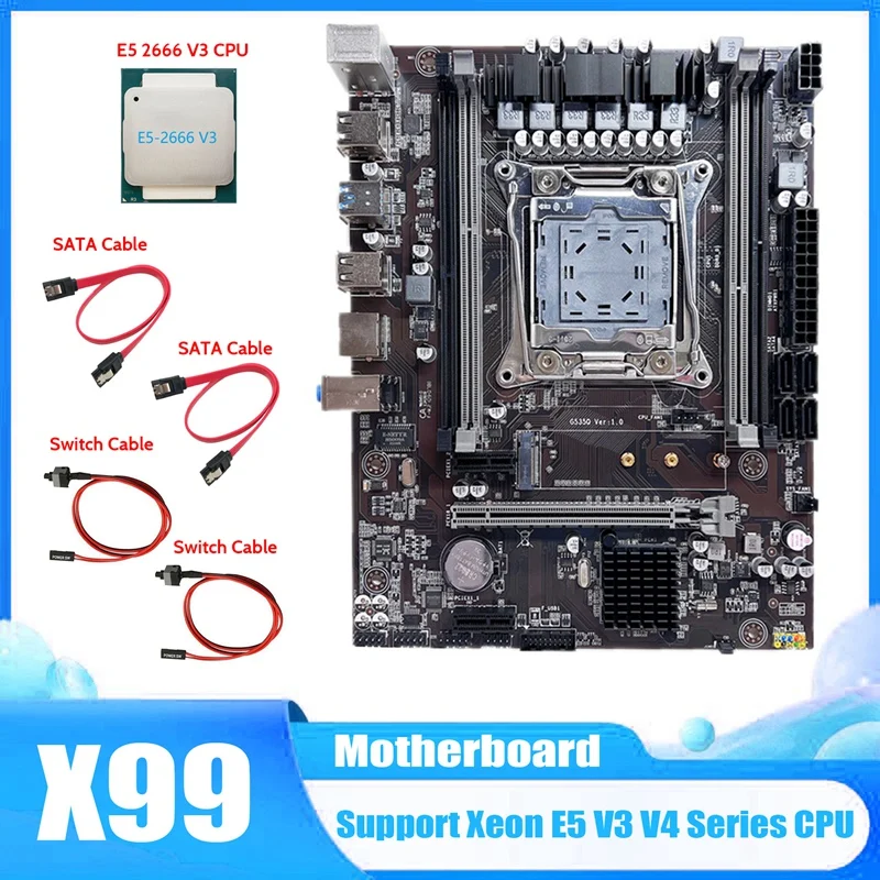 

X99 Motherboard LGA2011-3 Computer Motherboard Supports DDR4 ECC RAM With E5 2666 V3 CPU+2X SATA Cable+2X Switch Cable