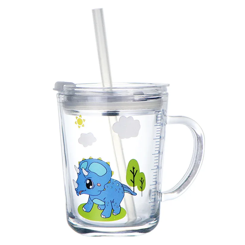 350ML Creative Cartoon Unicorn Straw Mug Cute Dinosaur Child Straw Glass with Handle Scale Water Cup Sealing Cover Does Not Leak
