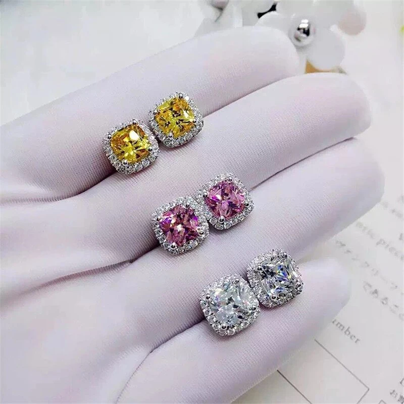 

Ne'w Bright White/Yellow/Pink CZ Stud Earrings for Women Fashion Contracted Jewelry High Quality Wedding Engagement Earrings