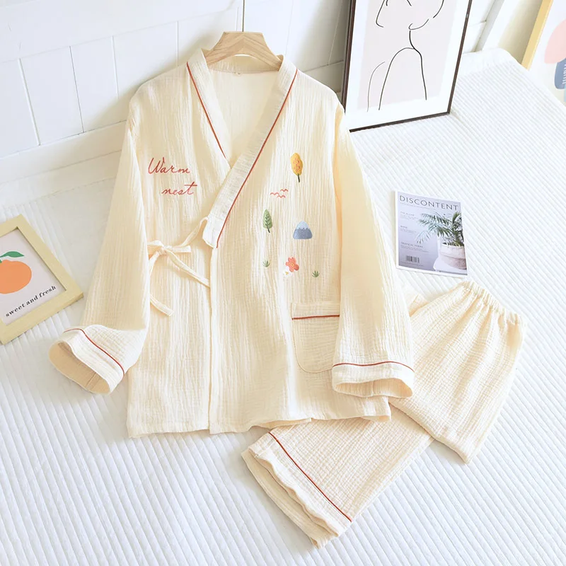 Embroidered Kimono Pajama Set Female Japanese-style Four Seasons Thin Soft Crepe Two Long-sleeved Trousers Lace-up Loungewear Pj