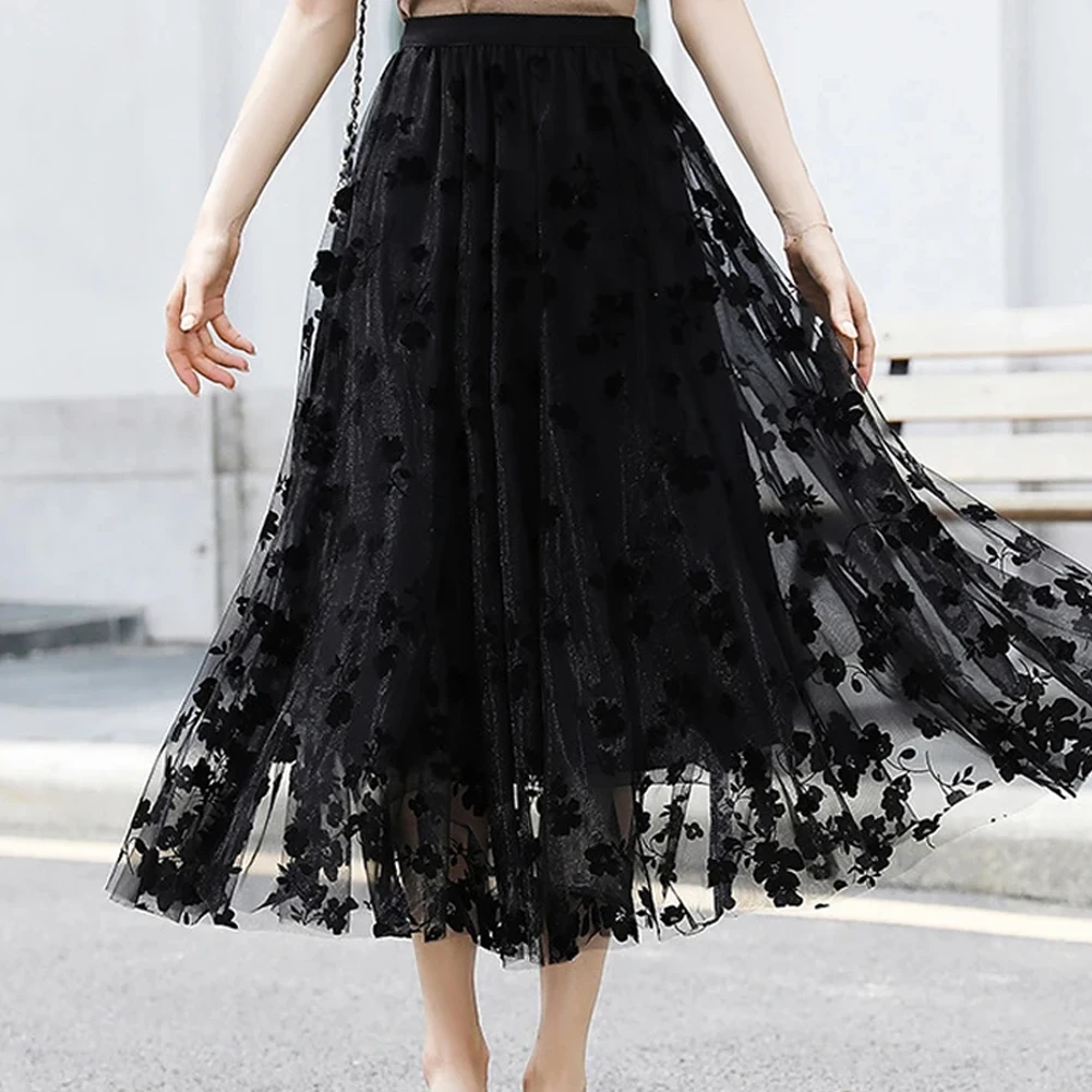 

Unique and Stylish Ruffle Mesh Skirt A Line Layered Design High Waist Tulle Sheer Maxi Skirt Available in Multiple Colors