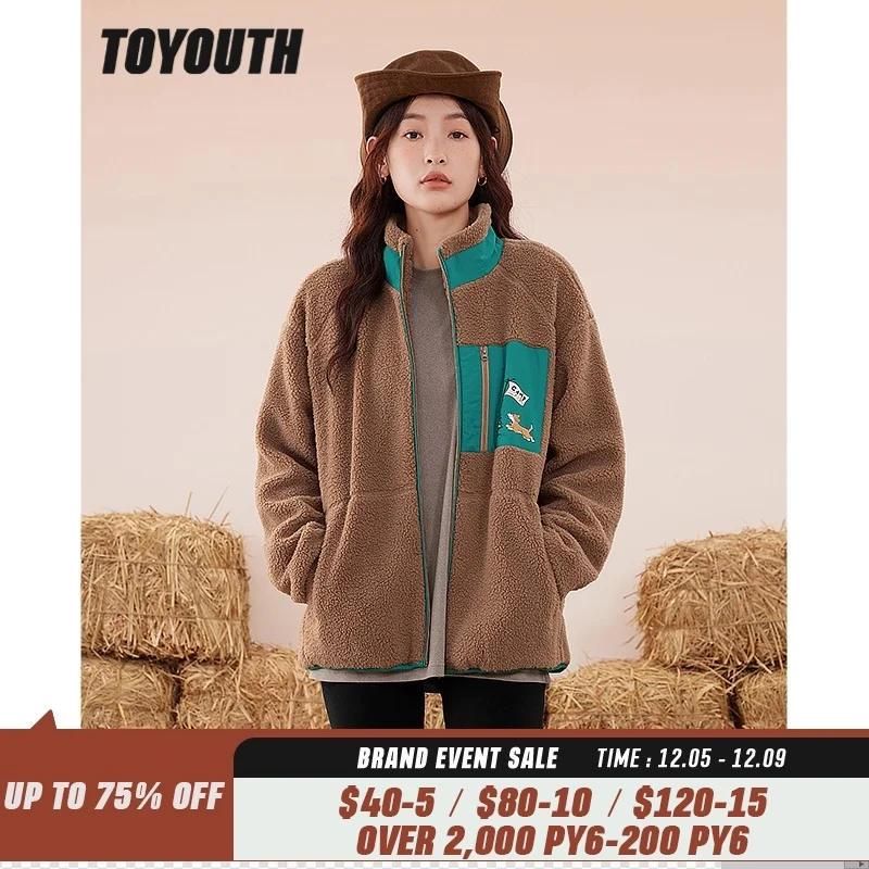 

Toyouth Women Fleece Thick Coat 2022 Winter Long Sleeve Stand Collar Loose Jacket Vintage Print Warm Casual Outwear Tops