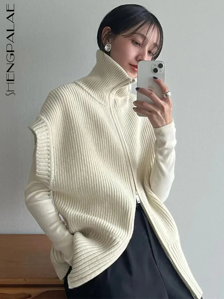 SHENGPAIAE Vintage High Neck Zipper Sweater Vest French Design Sense Of Minority Chic Sleeveless Sweater Women 2023 Autumn 5W846