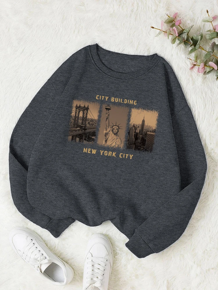 New York City Scenery Print Sweatshirt Womens Autumn Warm Comfortable Clothes Simple Basic Street Casual Versatile Top Female