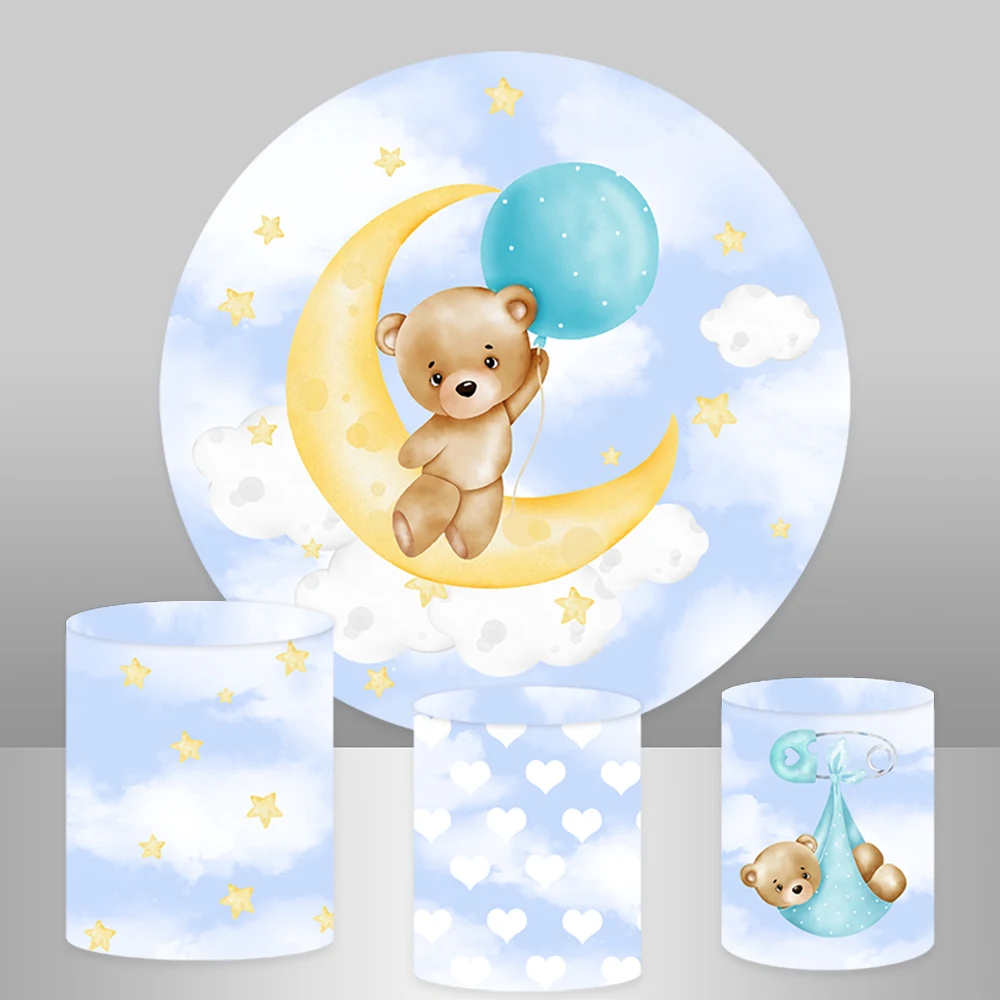 

Фон для фотографирования детей с изображением медведя круга Луны белых облаков цилиндра крышки торта стола баннера