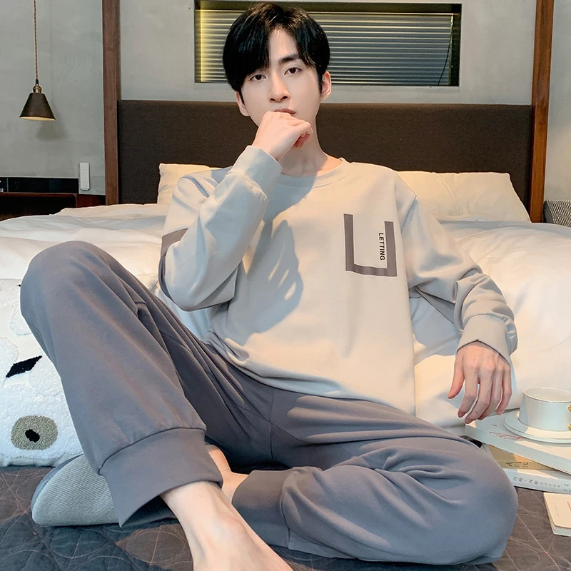 Korean Minimalist Style Man Pajamas Set Long Sleeve Loungewear Cotton Sleepwear for Boy Leisure Mens Pijamas Fashion Homesuits