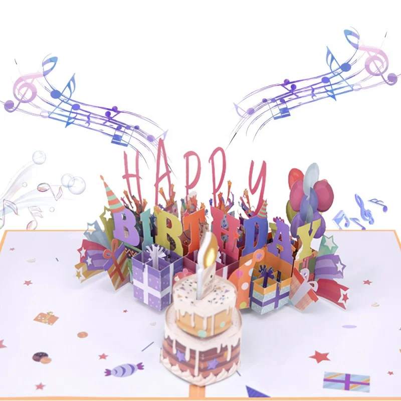 Winpsheng blowing greeting card candle blowable greeting card music 3d birthday  pop up cards lights up with music