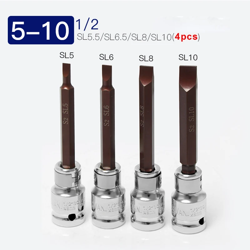 4pcs 1/2' Square Drive Slotted Socket Bits 5mm 6mm 8mm 10mm Screwdriver Bit Auto Repair Tools with Spanner Ratchet Tool SL5-SL10