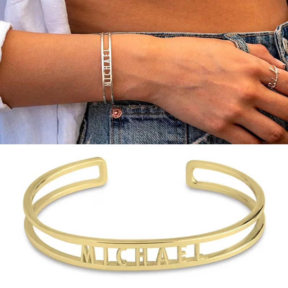 

Custom Bracelet for Women Personalized Name Hollow Open Bangles Fashion Stainless Steel Jewelry Christmas Gifts Pulseras Mujer