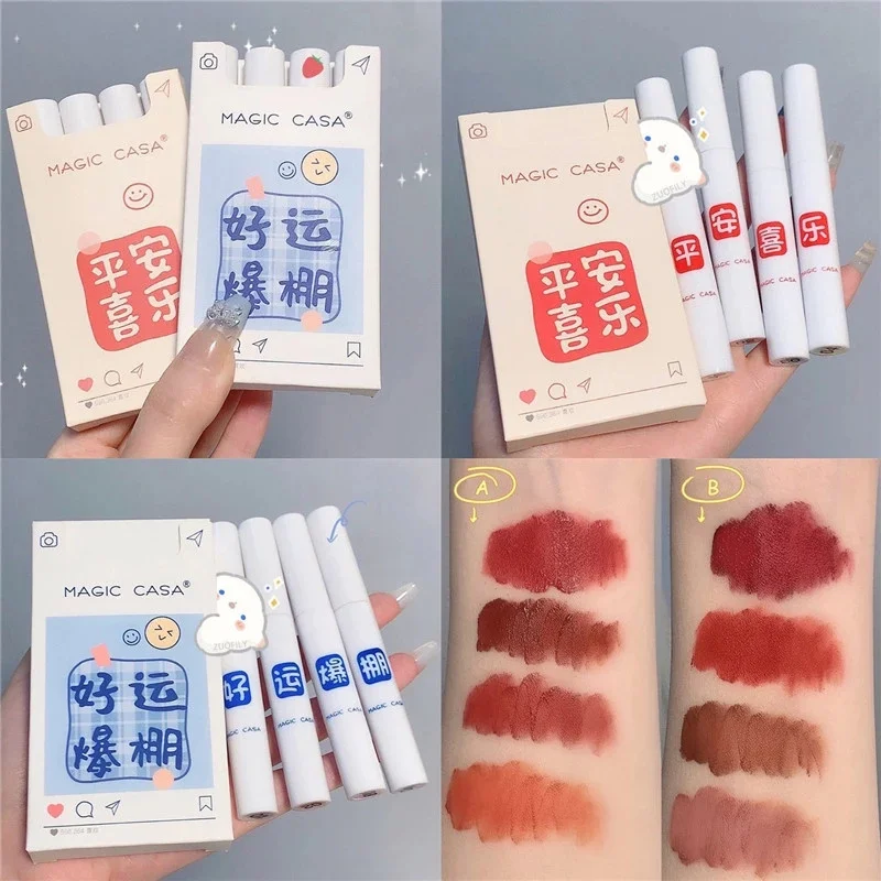 

4pcs/set Lip Glaze Set Matte Velvet Lip Gloss Non-Stick Cup Lip Glaze Waterproof Sexy Lip Makeup Cigarette Lipstick Cosmetic