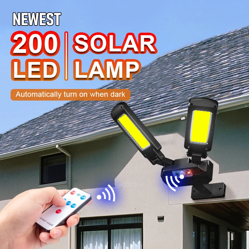 

200 COB LED Super Bright Outdoor Solar Lamp 6000mAh IP65 Водонепроницаемые уличные фонари Датчик движения Пульт дистанционного управления Садовый настенный светил...