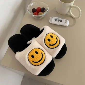 Winter New Kawaii Cartoon Ladies House Fur Slippers Open-Toe Bedroom Cute Smiley Pattern Home Women Fluffy Slippers Slides 1