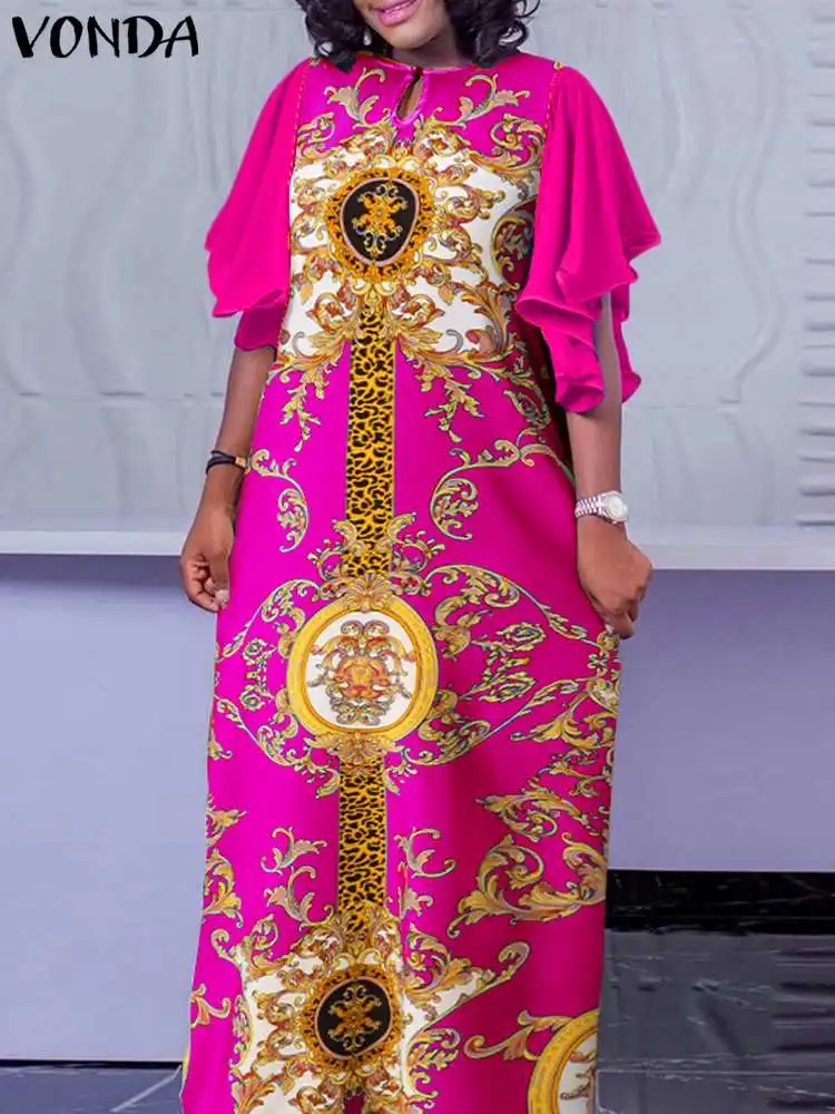 

Модное богемное платье VONDA 2022, женское винтажное платье макси с коротким рукавом и принтом, сексуальное вечернее плиссированное платье, жен...