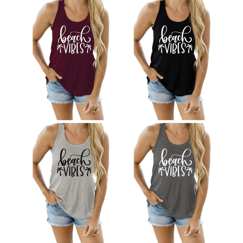 

2023 New Women Vacation Tanks Top Fashion Coconut Tree Graphic Muscle Vest Beach-Vibes Cami Top Lady Casual Sleeveless Vest Ins