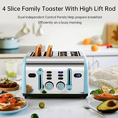 

4 Slice, Stainless Steel Retro Toaster with LED Countdown Timer and Removable Crumb Tray, Dual Control Panel, Reheat Defrost Ca