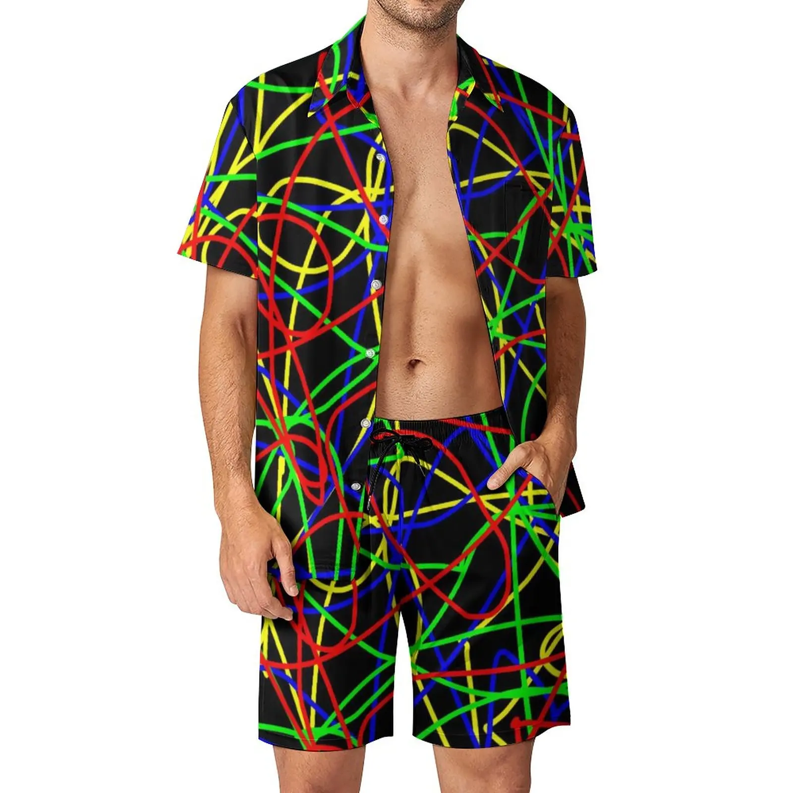 

Vintage 80S Aesthetic Men Sets Crazy Colorful Squiggles Vintage Casual Shirt Set Short Sleeve Shorts Summer Beach Suit 2XL 3XL