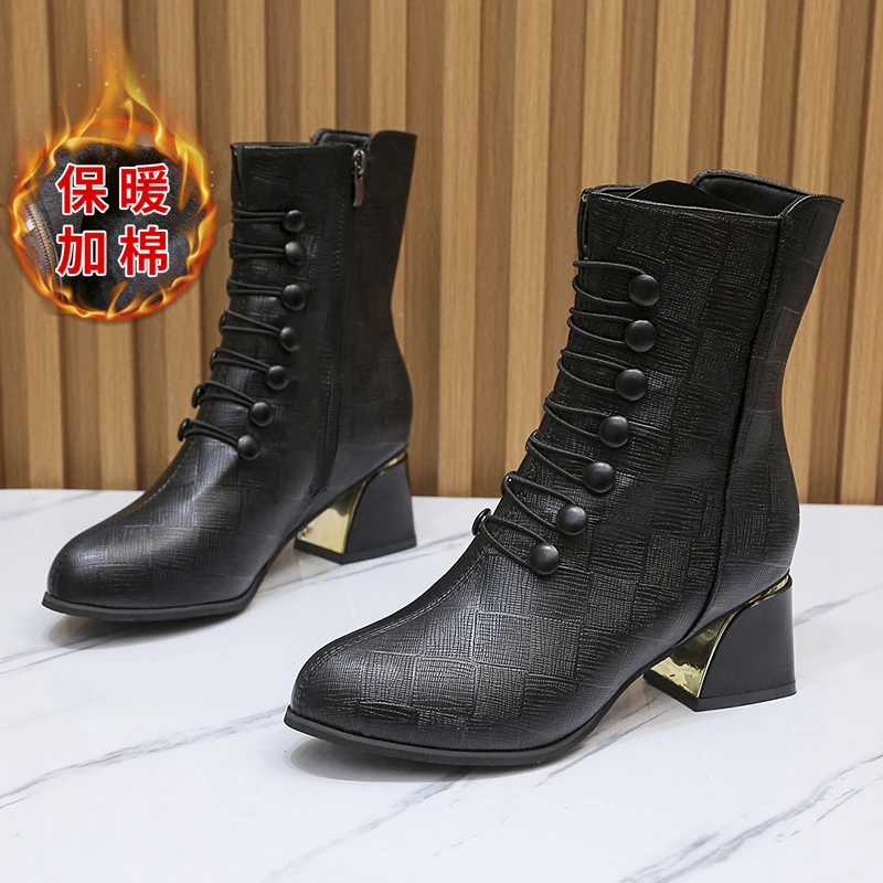 2022 New Arrival Leather Ankle Boots Rubber Riding Women's Shoes Ladies Chunky High Heel Zipper Winter Square Heel Botas Mujer