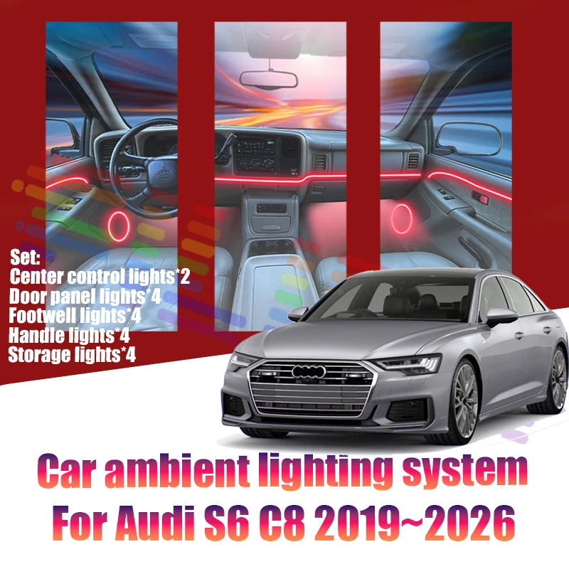 Фото Для Audi S6 C8 2019~2026 MK5: Светодиодные атмосферные лампы, цветная подсветка салона, неоновая лента, 64 RGB-цвета, автозапчасти №1