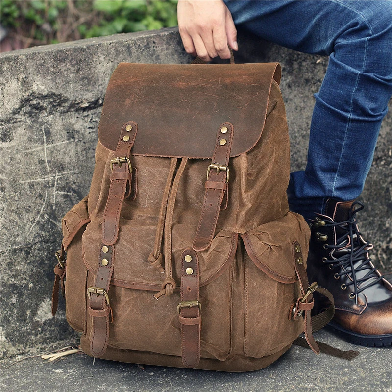 Vintage Waterproof Large Capacity Travel Bag Women Mochila Leather Laptop Drawstring Rucksack
