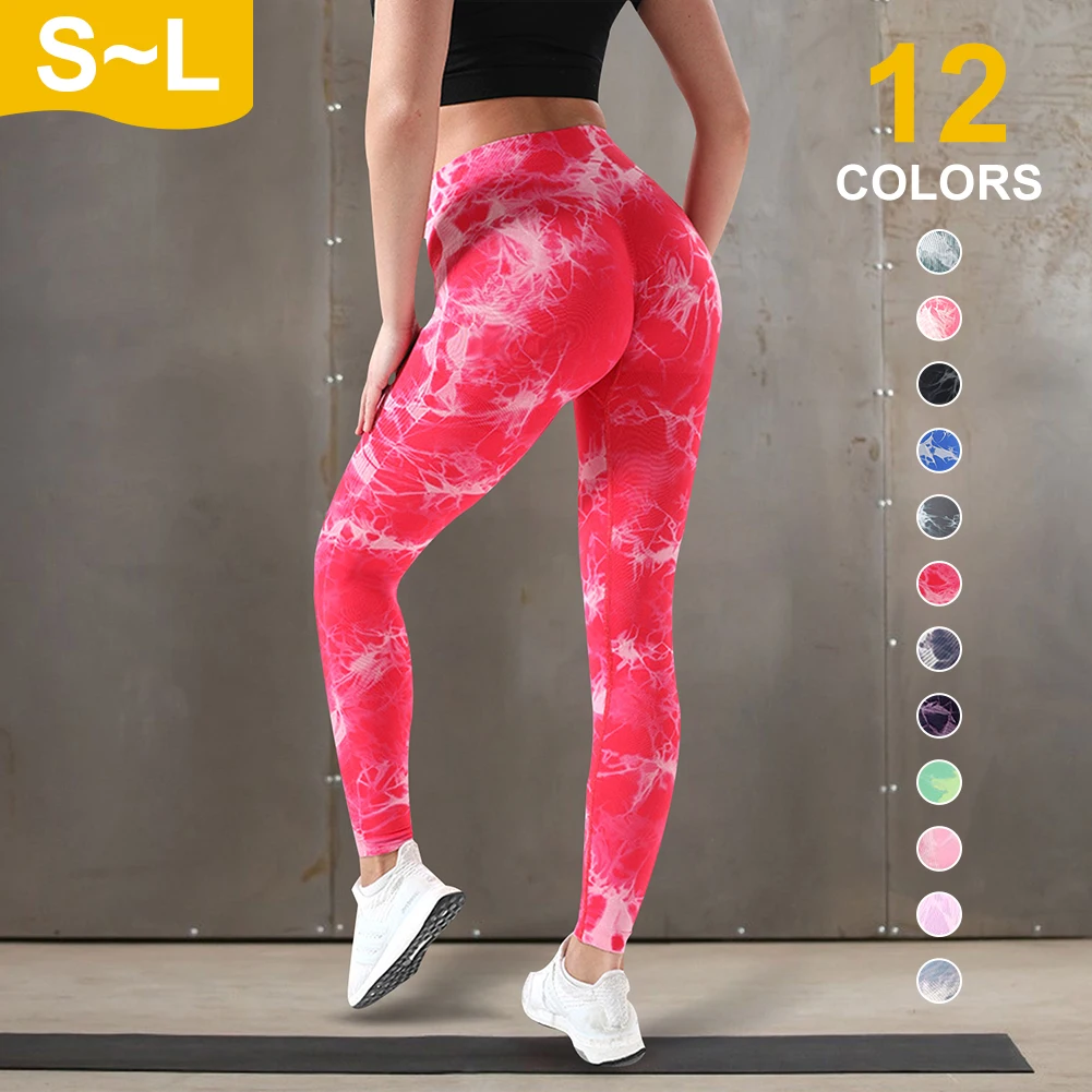 

Seamless High Waist Tight Yoga Pants Tie-Dye Bleaching Print Peach Hip Fitness Pant Women Breathable Sweatpants Athletic Legging