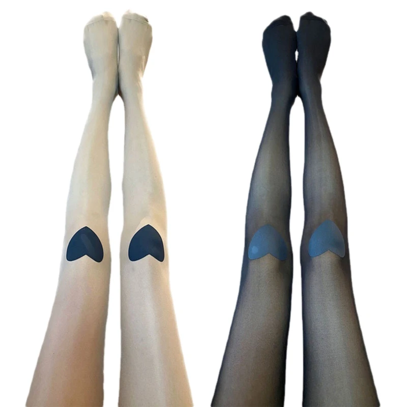 

Women Gothic Thin Silky Pantyhose Harajuku Knee Cute Heart Printed Patchwork Sheer Tights Stretchy Anti Hook Stockings