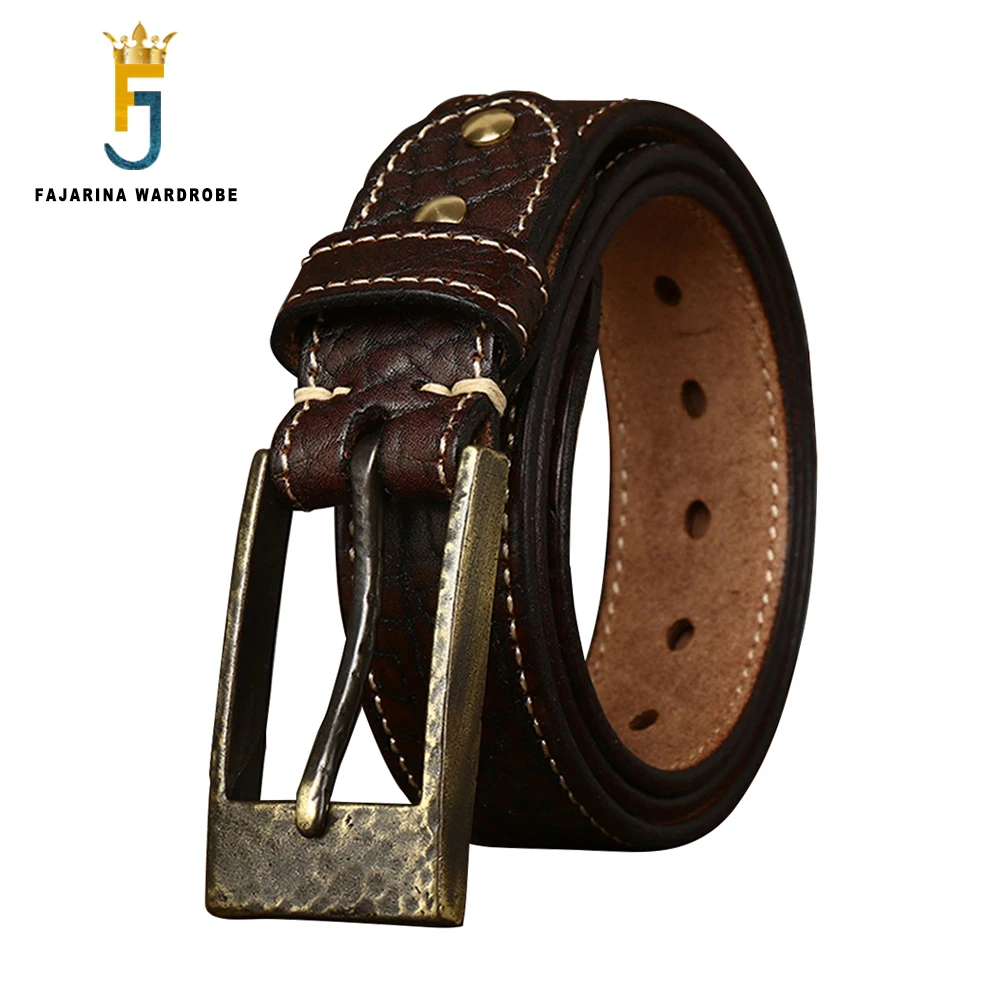 FAJARINA Unique Design Mens Cowhide Leather Top Layer Cow Skin Belt Copper Buckle Male Thickened Belts 10 Years Use N17FJ1215
