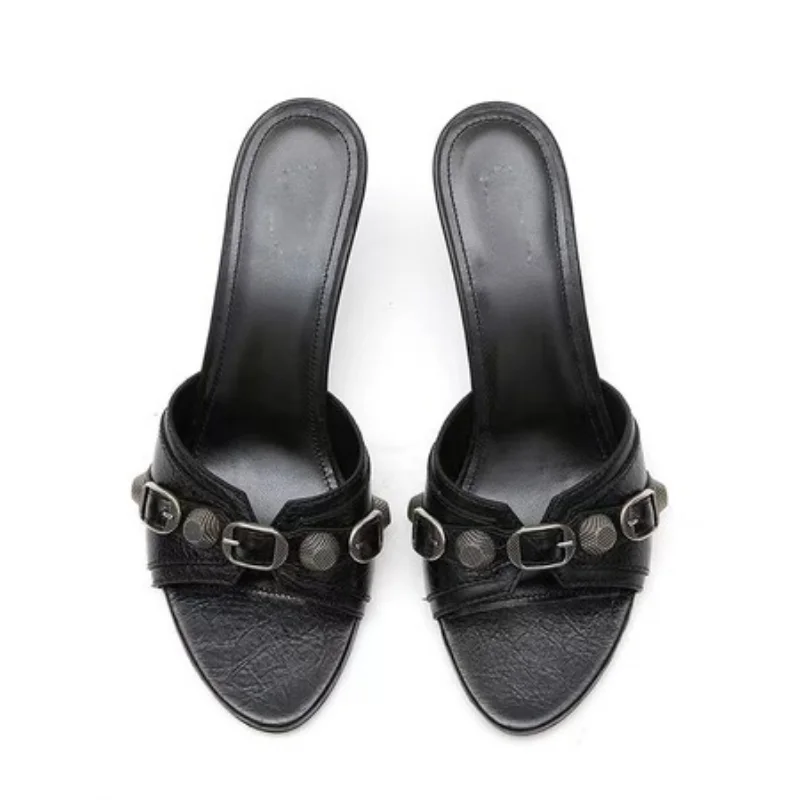 2023 New Slim High Heels One Step Women's Genuine Leather Sandals Slippers Belt Buckle Metal Decoration Spring/Summer Sandals
