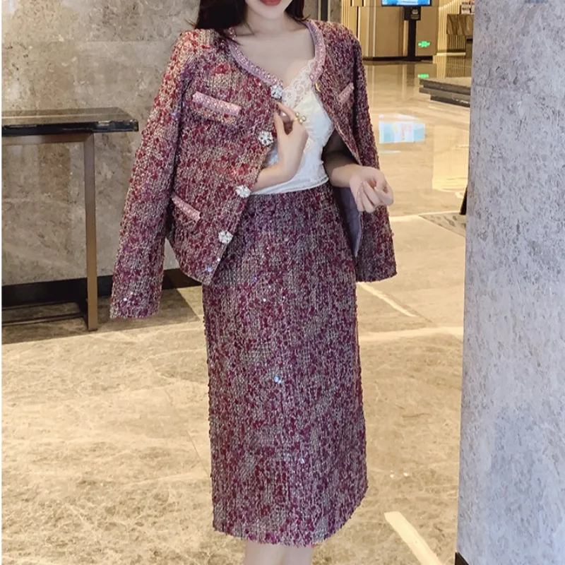 Уличная одежда Элегантный красный твидовый комплект из 2 предметов Женский