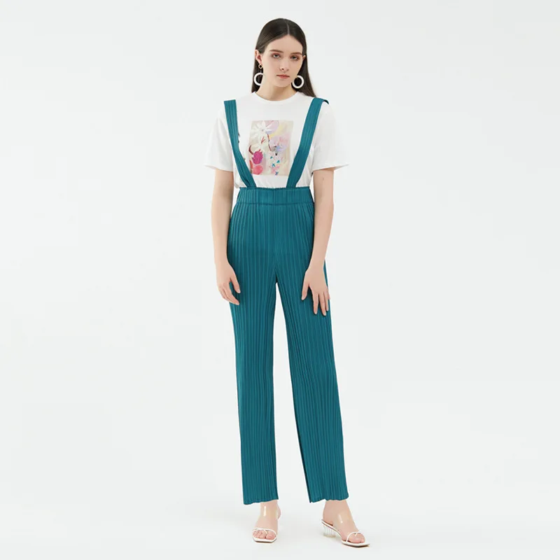 Overalls Suspenders Trousers For Women 45-75kg 2022 Summer Solid Color Stretch Miyake Pleated Fashion Casual Straight Pants