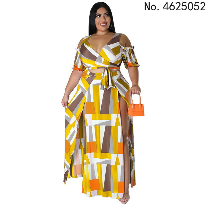 

Женская одежда в африканском стиле, летний комплект из двух предметов, топ и юбка в африканском стиле с коротким рукавом и V-образным вырезом