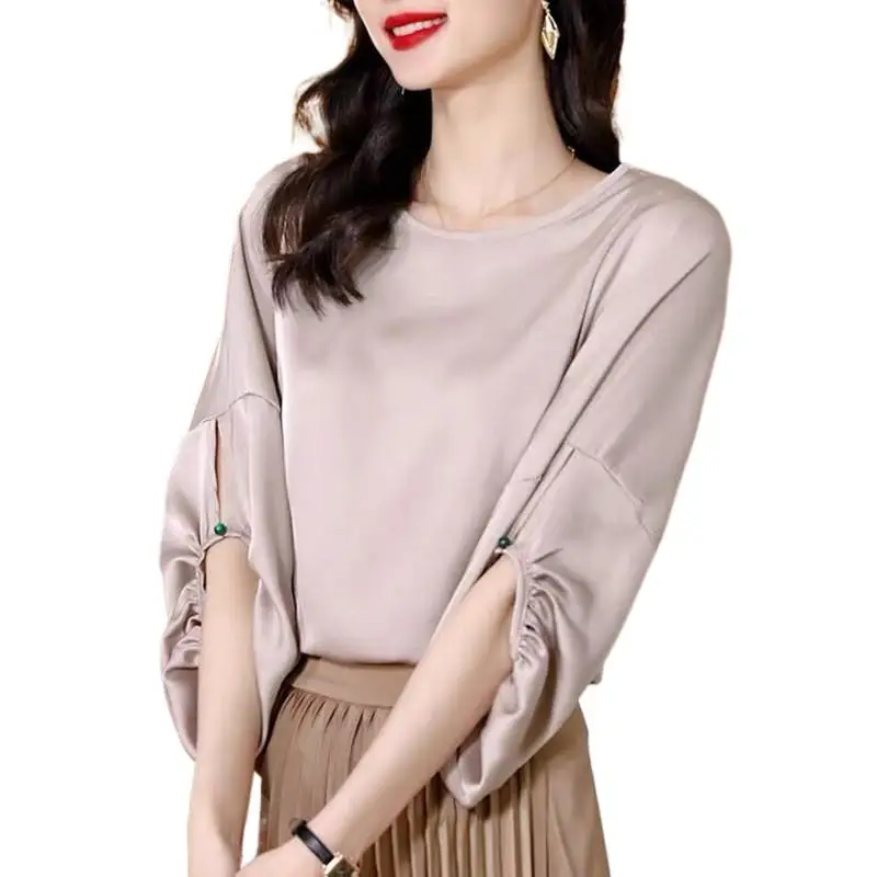 

Женские Элегантные ацетатные Атласные Рубашки, винтажная офисная блузка с длинным рукавом-фонариком, бордовые топы, весна-осень 2024