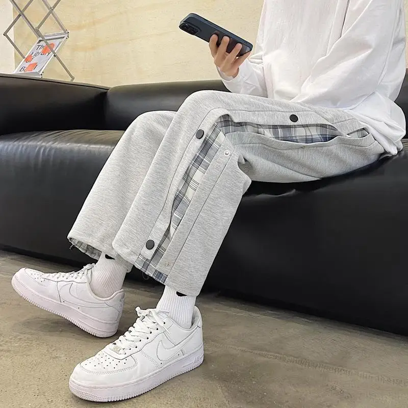 Breasted Plaid Pants Men's Summer Loose Straight Wide-leg Pants Trend Casual Pants Ins Sports Pants Spring and Summer