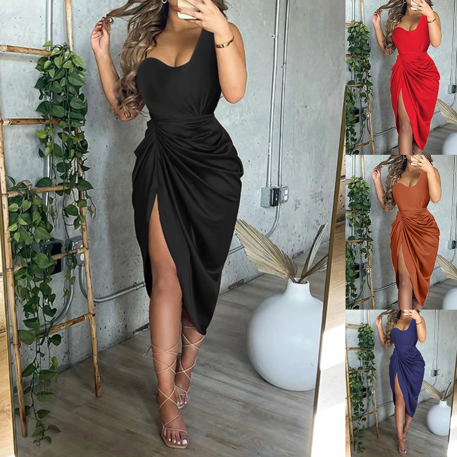 

Women Sexy Dresses Summer 2023 Solid Color Sexy Sequin Slit Maxi Smocked One Shoulder Evening Dress Luxuries Elegant Dresses new