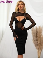 parthea mesh long sleeve black dress boned cut out 2 layer corset midi robe removable pads asymmetrical sexy party women dresses