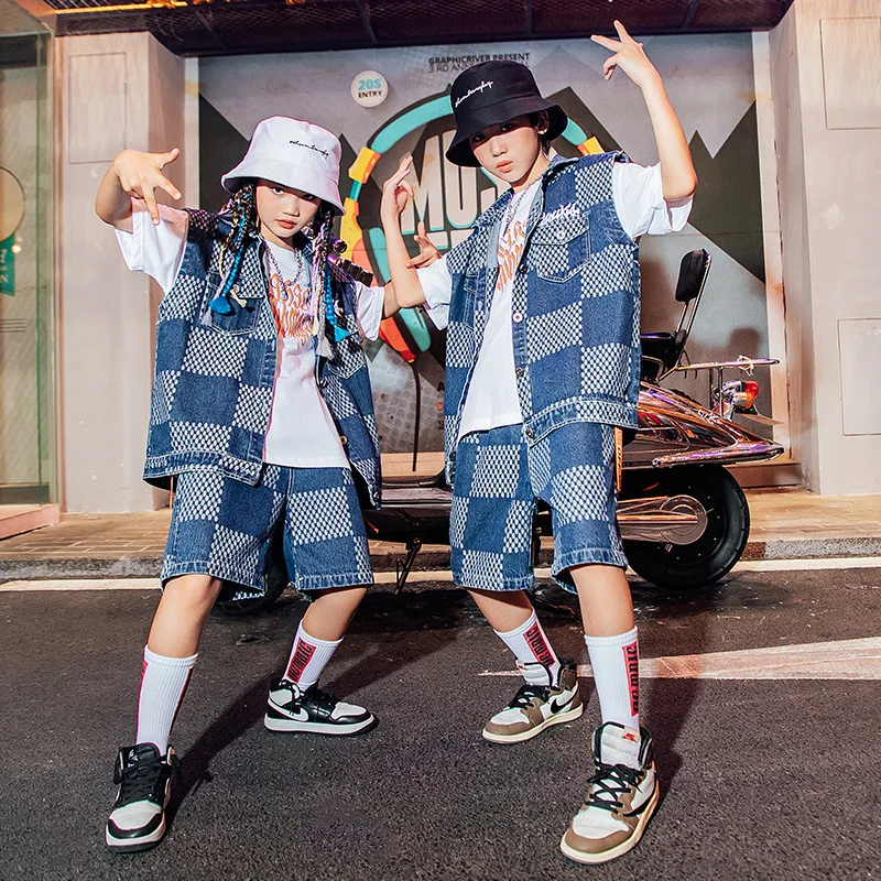 

Teenager Girl Summer Hip-hop Suits Children Plaid Denim Vest and Shorts Cowboy Girls Catwalk Costumes Fashion Street Wear 3-16 Y
