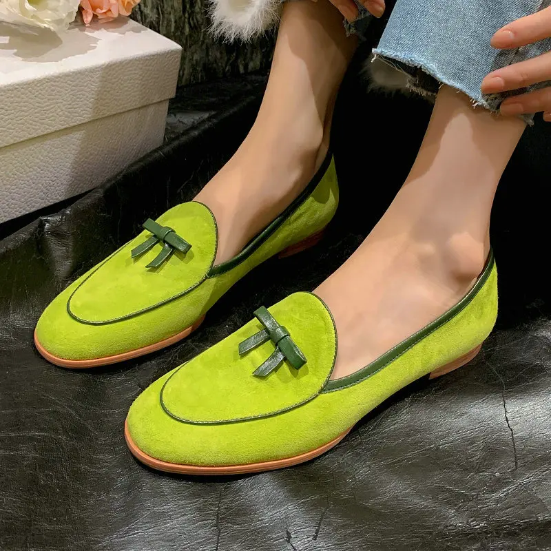 

Женские замшевые туфли с закрытым носком, зеленые или коричневые повседневные Мокасины с бахромой и бантом, весна-осень 2023