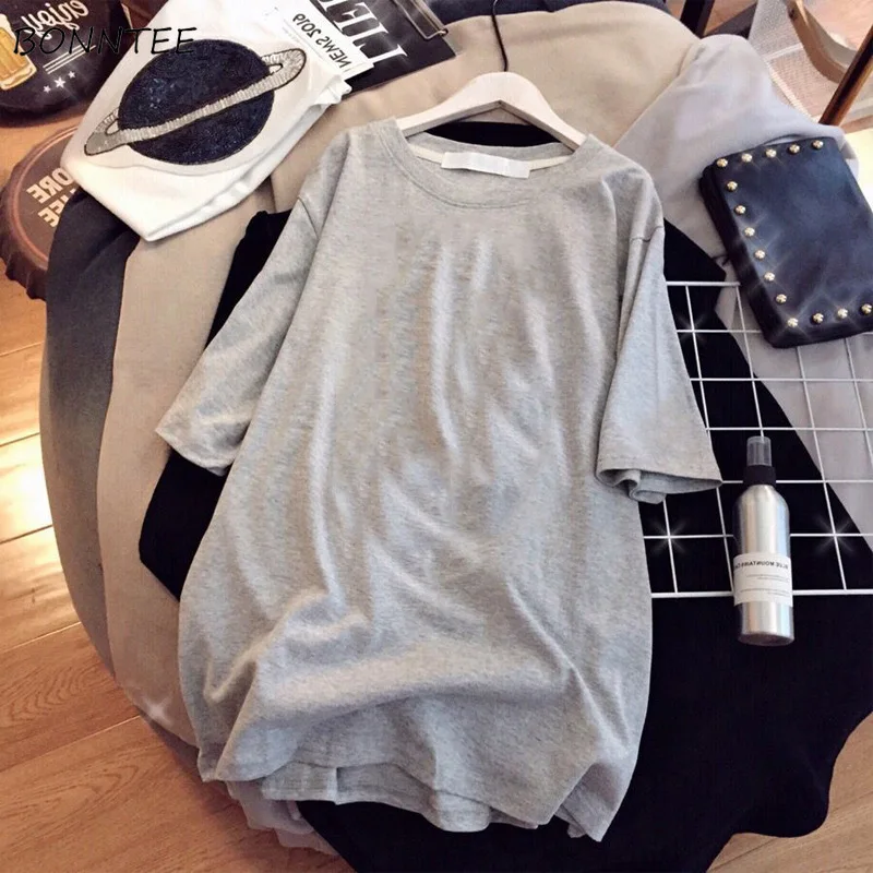 

Half Sleeve T-shirts Women Solid O-neck Daily Basic Design Loose Summer Korean Style Breathable Cozy Youth Sporty Fashion Simple