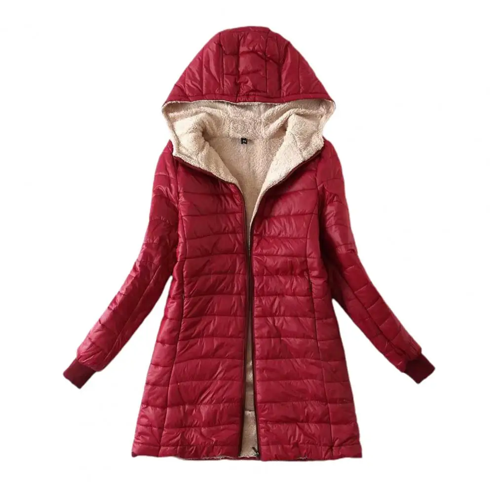 

Hooded Coat Plush Lining Solid Color Zipper Closure Slim Cardigan Keep Warm Casual Wear Autumn Winter Mid-length Jacket Women