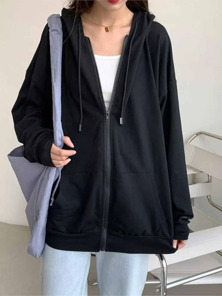 2022 Harajuku Korean version loose thin long-sleeved hooded sun protection coat solid color retro shirt student girl top