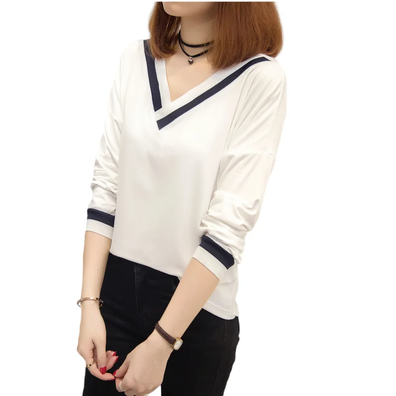 

Casual V-neck Pullove Shirt Top Intellectual White Black Contrast Color 2022 Long Sleeve Slim Dress Solid Spliced Color Pullover
