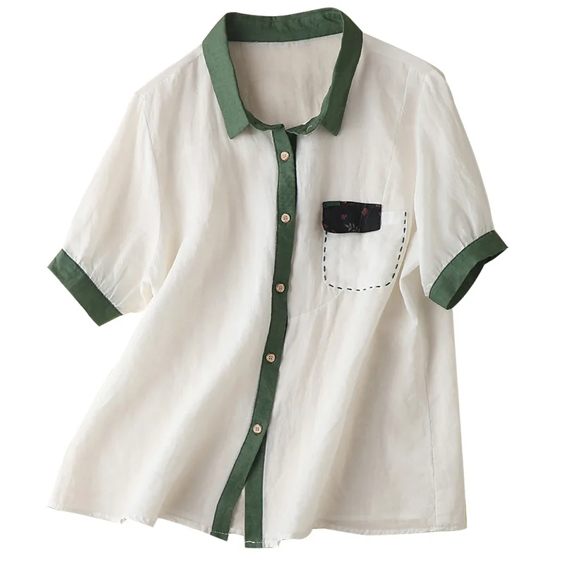 

2022 Ramie Chinese Style Women Shirt Summer Short Sleeve Turn-down Collar Solid Thin Single Breasted Natural Fiber