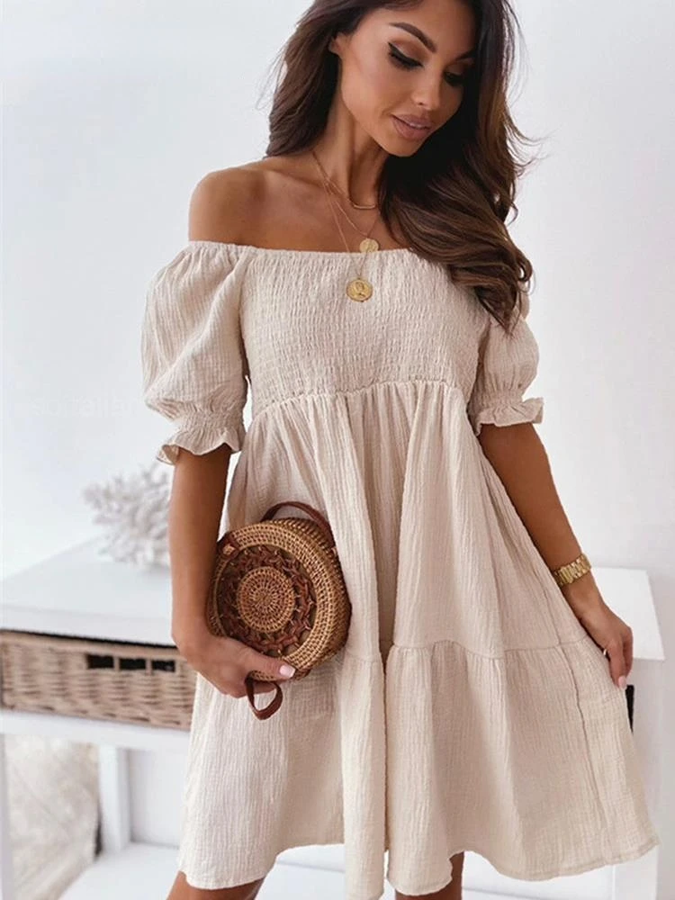

Summer Sexy Off Shoulder Slash Neck Loose Mini Dresses For Women 2022 Fashion Ruffles Folds Ladies Sweet Style Party Dress