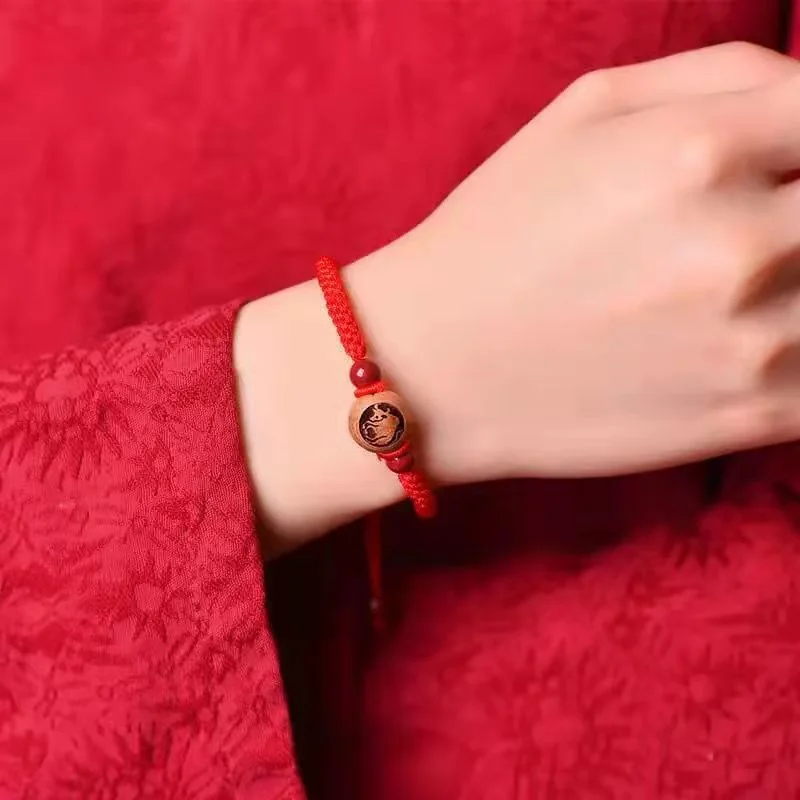 

High Quality Real Peach Wood Hand-carved Red String Bracelet with Zodiac Original Ore Natural Cinnabar Bracelets Women Jewelry