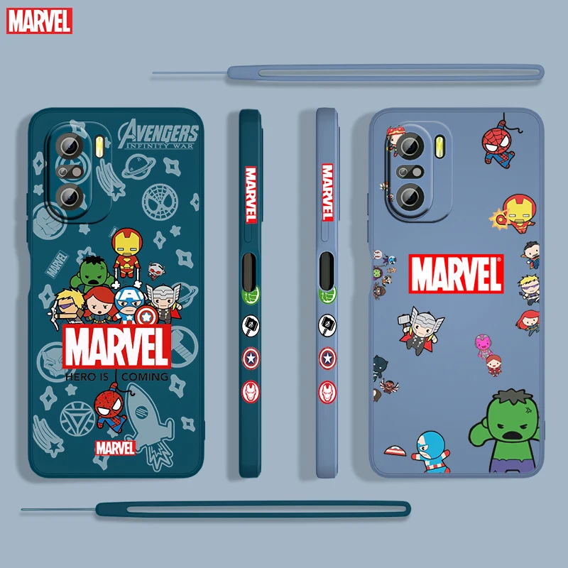 

Marvel Hero Cute Cartoon For Xiaomi Redmi K50 K40 Gaming 10 9 9A 9T 9AT 8 8A 7 6 Pro 4G 5G Liquid Left Rope Phone Case Fundas