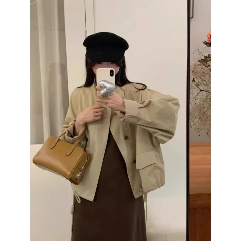 Простой короткий Тренч с воротником-стойкой в Корейском стиле женский свободный