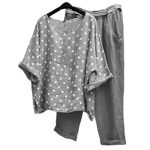 Two Piece Sets Womens Outifits Blouse Pant Dot Print Half Sleeve O-Neck Loose Spring Summer Raglan Sleeve T-shirt Capri Trousers